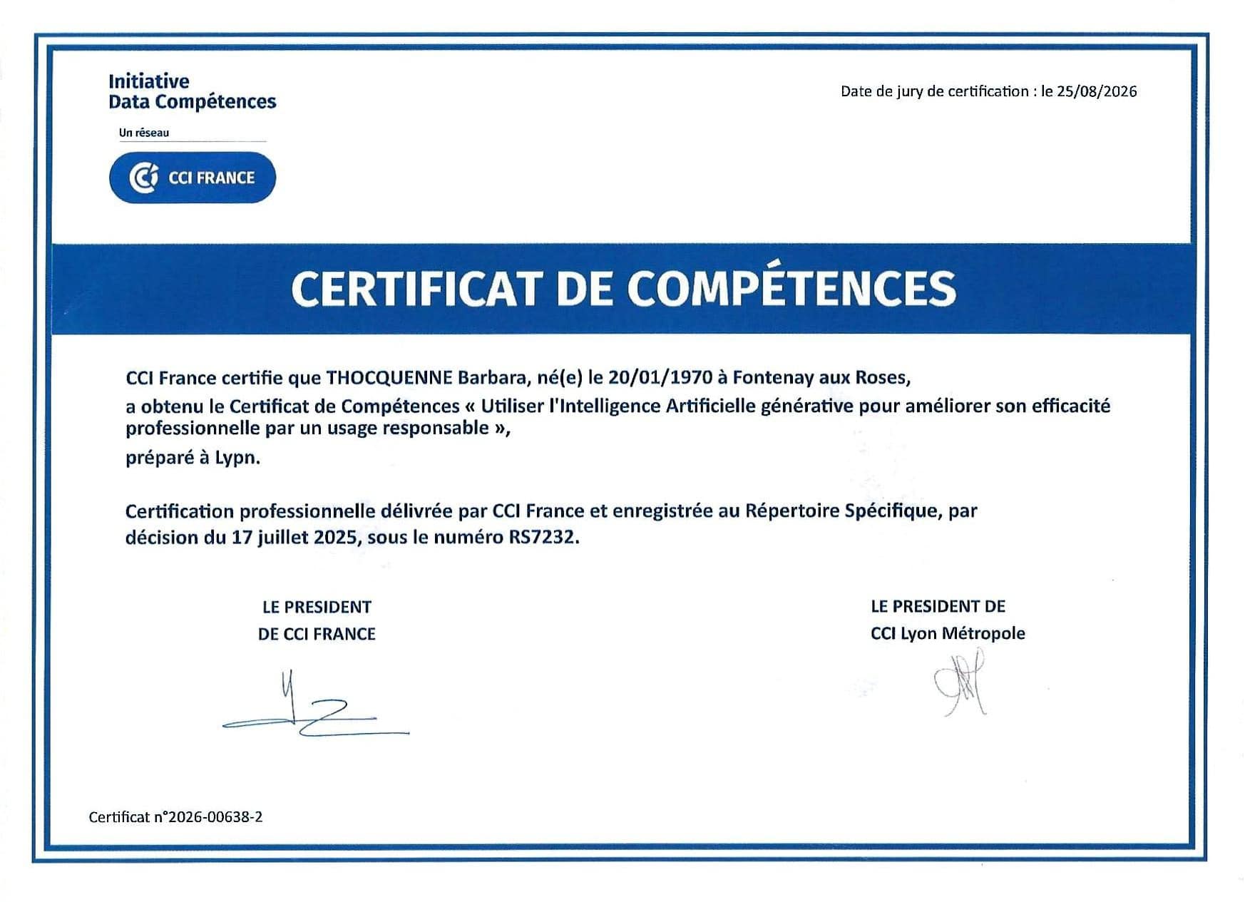Certificat de compétences BThConseil usage pro IAA Numérique responsable : intégrer l'IA dans ses pratiques professionnelles