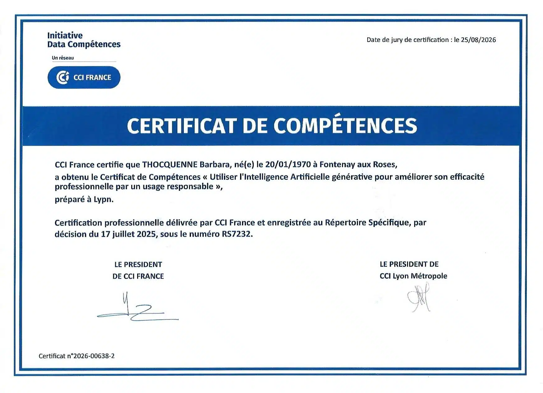 Certificat de compétences BThConseil usage pro IAA Numérique responsable : intégrer l'IA dans ses pratiques professionnelles